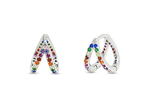 Colourful Rainbow Cubic Zirconia Round Hoop Earrings 14k White Gold Plated Sterling Silver Jewelry Gift for Womens