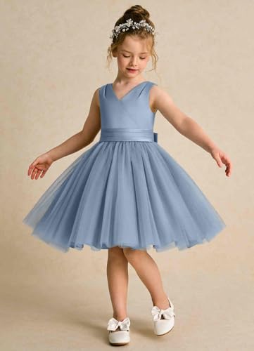 Sleeveless V-Neck Satin Flower Girl Dress V-Back Tulle Skirt Hem Junior Bridesmaid Dress Knee Length with Bows2