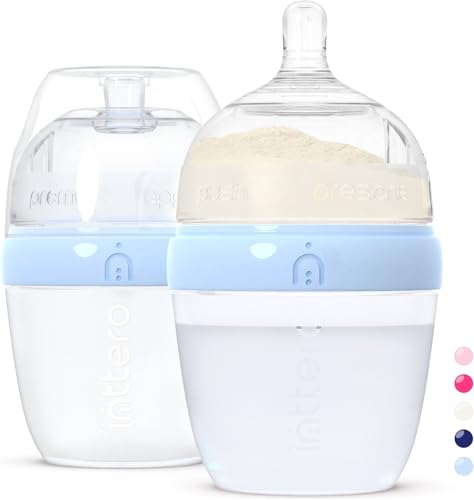 INTTERO Baby Bottles with Built-in Formula Dispenser, Anti-Colic Wide Neck Design for Newborn Feeding and Everyday Baby Essentials, 6 Oz Slow Flow (2 Pack), Cute Blue