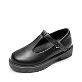 DREAM PAIRS Girls Mary Jane Dress Shoes Chunky Platform School Uniform Shoes T-Strap Oxfords Loafers Star Flats,Size 1 Little Kid,Black,KKUMFA2505