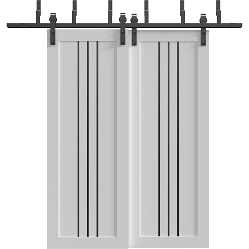 Image of Sliding Closet Barn Bypass Doors | Base 4906 White with Black Opaque Glass | 6.6ft Rails Hardware Set | Wood Solid Bedroom Wardrobe Doors
