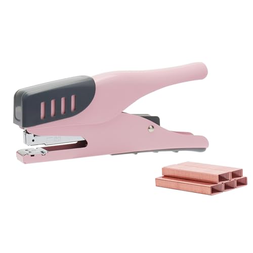 Image of NatSumeBasics Plier Effortless Stapler & 1000 Rose Gold Staples, Handheld Stapler 45 Sheet Capacity Heavy Duty Manual Staplers for Office Accessories Supplies (Pink)