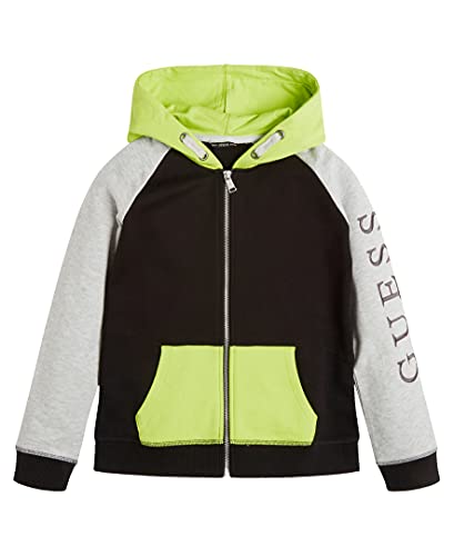 GUESS Boys' Eco French Terry Color Block Logo Zip Front Hoodie, Lime Green Multi, 6X/7