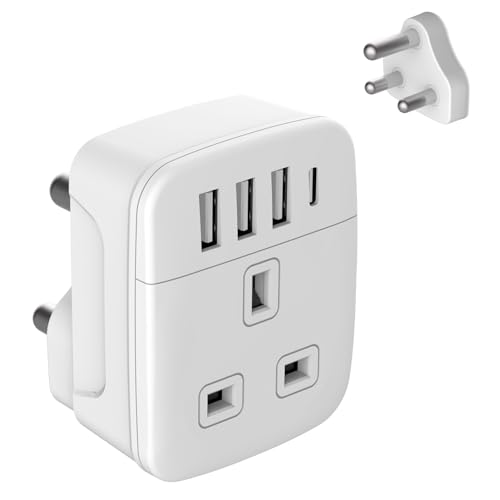 Amoi UK to South Africa Plug Adapter Grounded Type M South Africa Plug Adapter with 4 USB Ports 17W USB C Fast Travel Charger Africa Namibia Swaziland Lesotho Bhutan Botswana(Type M)