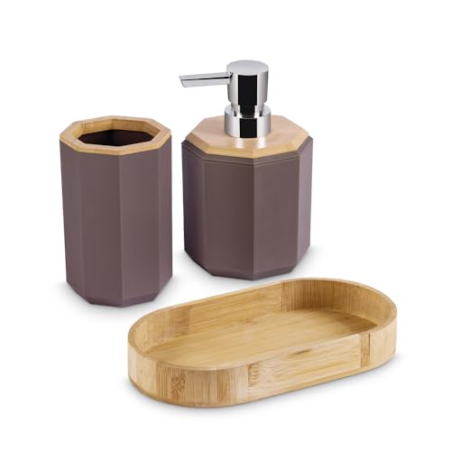 Image of Freelance Portofino ABS Bathroom Accessories Set of 3, Chocolate - Liquid Handwash Soap Dispenser, Tumbler, Tray - Plastic Set for Wash Basin - Stronger Than Ceramic
