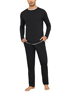 Aseniza Herren Schlafanzug Lang 100% Baumwolle Zweiteiliger Pyjama mit Unifarbenem Langarmshirt und Pyjamahose,Schwarz,XL