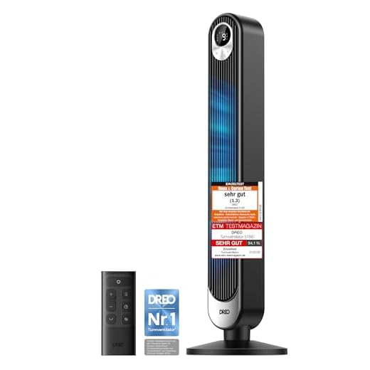 Dreo 20dB Turmventilator Leiser, 9M Windentfernung Ventilator mit Kühlung Fernbedienung, 6 Geschwindigkeitstufen 4 Modi, 90° Oszillierender Stand Ventilatoren für Schlafzimmer, Tower Fan mit 12H Timer