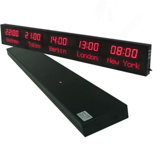Mavdecll Horloge Mondiale avec fuseaux horaires, Horloge numérique LED Murale à 5 fuseaux horaires, Ville modifiable, idéale pour Les hôtels, Les aéroports et Les lieux de Divertissement.
