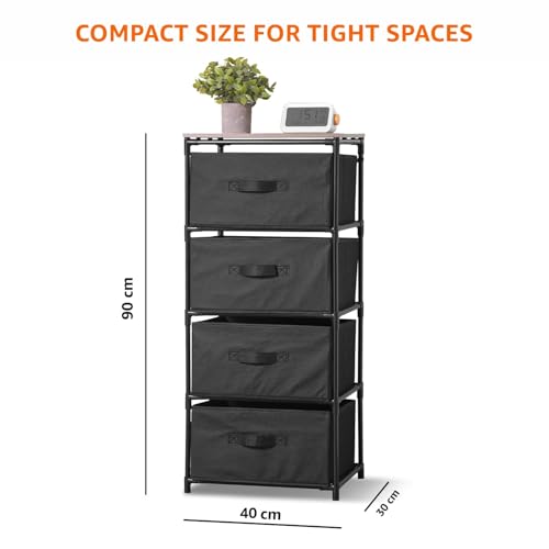 Image of amazon Basics Fabric Chest of 4-Drawer, Iron Tube Frame & MDF Top, Non-Woven /Polypropylene, Lightweight Storage Organizer for Clothes, Bedroom, Entryway & Laundry - Black (40L x 30W x 90H CM)