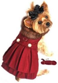 DOGGIE DESIGN Burgundy Wool with Fur Collar Harness Coat XS