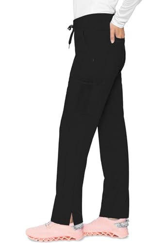 Med Couture Scrub Pants for Women, Jersey Waist Yoga Bottoms, 6 Pockets with Mid Rise Drawstring Waistband MC7725, L, Black