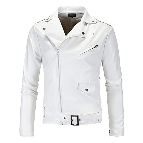 Chaqueta de Cuero para Hombre Jackets De Cuero Blanco Delgado De Los Hombres Chaquetas De Motocicleta con Cremallera Oblicua para Actividades al Aire Libre (Color : White, Size : XXL) Cover