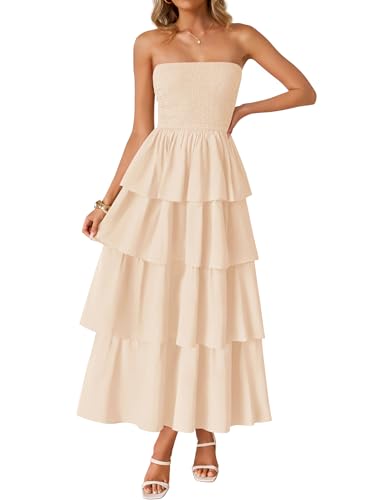 Image of ZESICA Women's Summer Boho Strapless Maxi Dress 2026 Casual Sleeveless Off Shoulder Smocked Tiered Beach Long Sundress