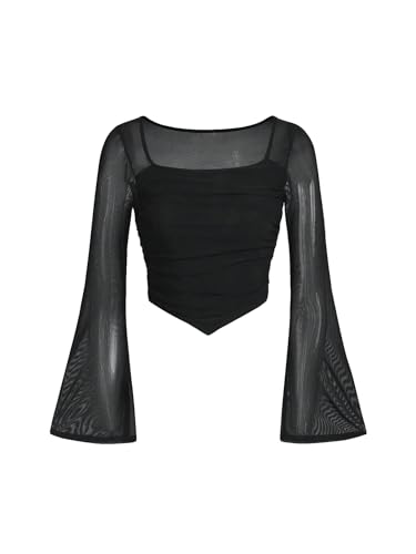 Image of Floerns Girls Bell Long Sleeve Square Neck Asymmetrical Hem Mesh Ruched Crop Tops Tees