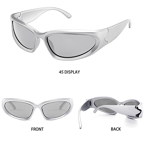 knliwkm 2 Pairs Y2K Wrap Around Sunglasses Sports Futuristic Oval Glasses for Women Men Trendy Fashion Shades Silver, Color B, One Size