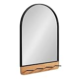 Kate and Laurel Schuyler Arched Wall Mirror with Hooks, 20 x 31, Black and Natural Wood, Decorative Rustic Mirror with Four Hooks for Storage and Display
