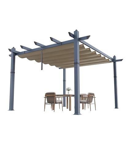 STMHOM Patio Pergola with Retractable Canopy, Faux Wood Grain Aluminum