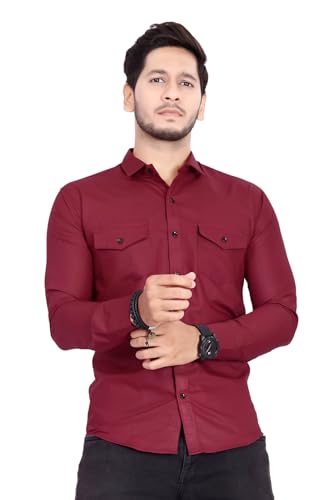 Image of Men's Cotton Spread Collar Full Sleeve Regular Fit Solid Casual Shirt with Double Pockets - Stylish Comfortable Shirt for Everyday Wear