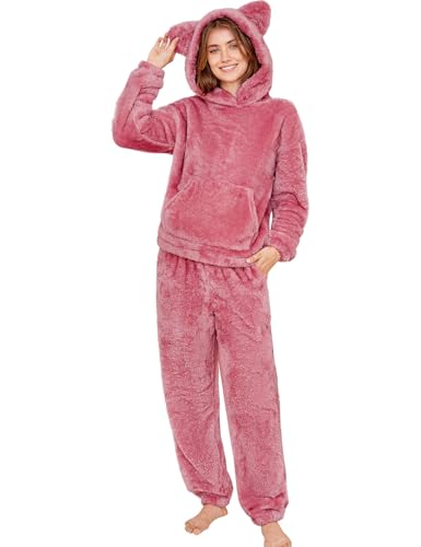 COZYPOIN Women's Fuzzy Pajamas Sets Hooded Bear...