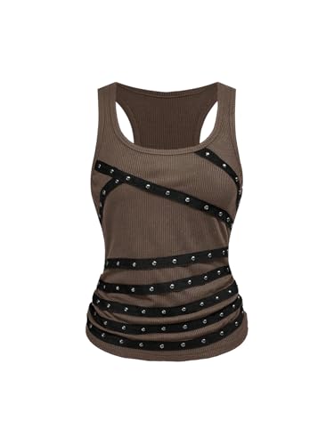 SOLY HUX Women's Punk Studded Ruched Tank Top Scoop Neck