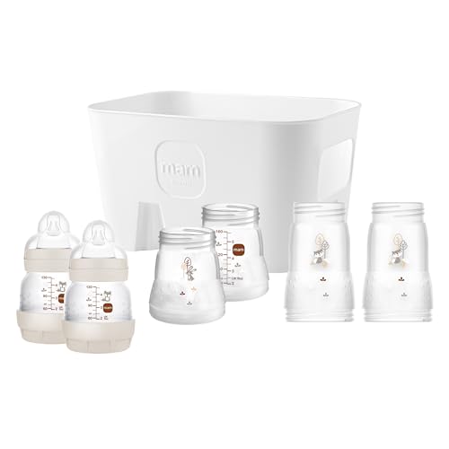 MAM Easy Start Anti-Colic Combi-Set, Babyflaschen Set mit 6 Flaschen gegen Koliken (2 x 130 ml, 160 ml, 260 ml) & Flaschenkorb, Babyausstattung ab der Geburt, beige