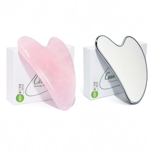 Image of Gua Sha Combo Pack - Rose Quartz & Stainless Steel Face and Body Massage Tools for Puffiness, Lymphatic Drainage, Skin Tightening & Natural Glow (Grey & Pink)