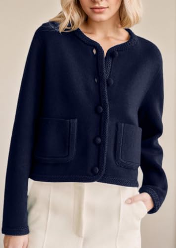 Image of Ythomm Womens Cardigan Sweaters Long Sleeve Open Front Button Crochet Trim Knit Jacket Crewneck Fall Sweater Coat with Pocket Navy