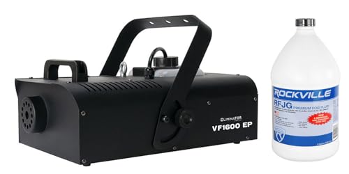 Paquete Audiosavings: Máquina de humo DMX Eliminator Lighting VF1600 EP de 1650 W con control remoto cableado y inalámbrico + 1 galón de líquido para humo Rockville RFJG miniatura 1