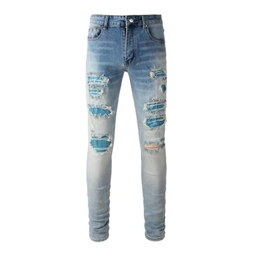 Jeans Pants Trousers Denim Men Trendy Personalized Stretch Slim Fit Washed Blue Grinding Fading Zircon Shining Patches Worn Hole Casual(Blue,31)2