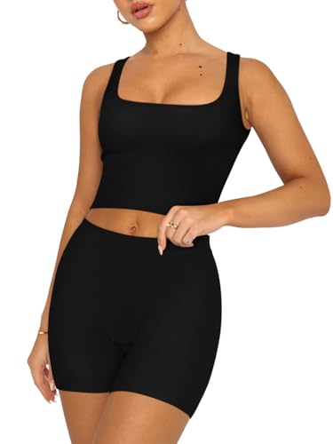 REORIA Matching Workout Sets for Women 2 Pieces Sleeveless Ribbed Crop Tank Mid Waist Shorts Lounge Yoga Outfits Active Wear Black