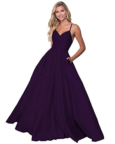 Miao Duo Plum Prom Dresses Long for Women Beads Spaghetti Straps Ball Gowns Satin Formal Dresses with Pockets Plum 4