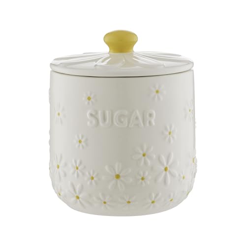 Image of Price & Kensington Daisy Sugar Storage Jar | 700ml Airtight Ceramic Canister | Embossed Daisy 3D Lid with Hand-Painted Yellow Handle | Cream Glaze | Kitchen Storage Container