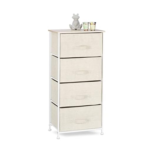 Relaxdays Cajonera Multiusos con 4 Cajones, Metal-Tela, Beige, 105 x 45 x 30 cm
