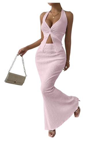 Image of SOLY HUX Women's Two Piece Outfits Twist Front Halter Cami Tops and Skirt Summer Set