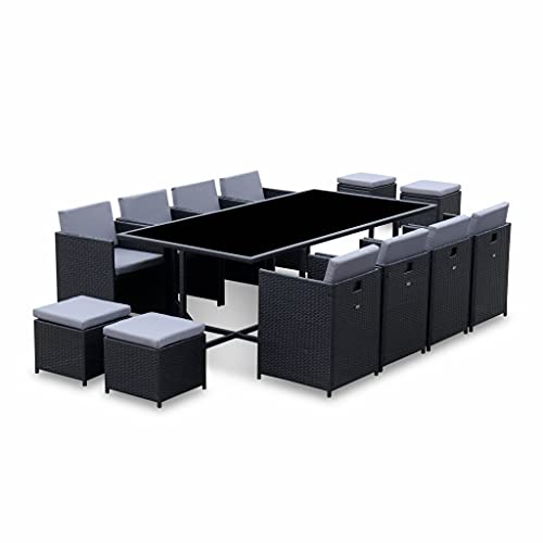 Alice's Garden - Salon de Jardin 8-12 Places – Vabo – Coloris Noir. Coussins Gris. Table encastrable
