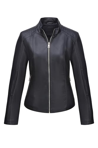 Geschallino Mujer Chaqueta de PU de Talla Grande Corto Primavera y Otoño para Motocicleta Cuero Abrigo 37Plus Negro XXL