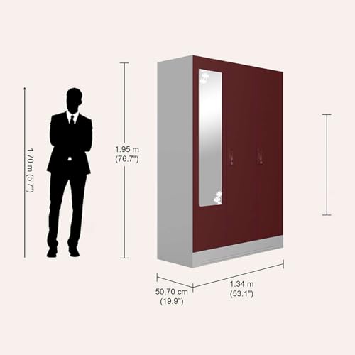 Image of Interio by Godrej Almirah Slimline 3-Door Steel Almirah, Cupboard for Clothes (Russet), 1-Year Warranty, 7 Shelves, 1 Locker, Star Design Mirror