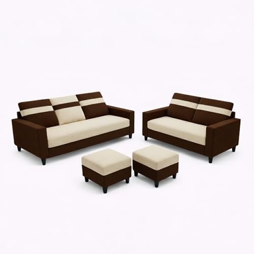Image of CRAFTORA Heaven Dual Tone Plush Velvet 3 Seater + 2 Seater Sofa Set with 2 Ottoman | Silken Velvet Suede Upholstery | Designer Sofa for Living Room & Office Spaces (Dark Brown & Cream)