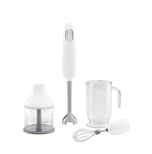 Smeg, Frullatore a Immersione HBF03WHEU, Funzione Turbo e Sistema di Taglio Flowblend, con Impugnatura Antiscivolo, Avvolgicavo Integrato, Accessori Inclusi, Potenza 700W, Bianco