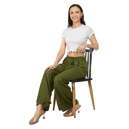 Image of Women's Rayon Palazzo Pants | Solid Color Wide Leg Trousers in 18 Shades | Elastic Waist Casual Bottoms XS-7XL | Comfortable