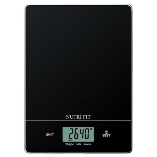 NUTRI FIT Báscula digital de cocina ultrafina, báscula electrónica multifunción, plataforma de plástico de pantalla grande, 5 kg/11lb-1g lb.oz fl.oz g ml (gris)
