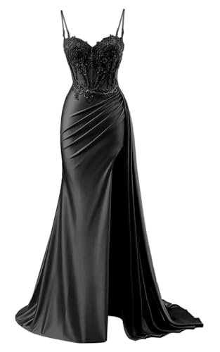 YIANN Damen V-Ausschnitt Satin Ballkleider für Frauen 2025 Meerjungfrau formelles Abendkleid mit Schlitz, Schwarz , 48 Plus