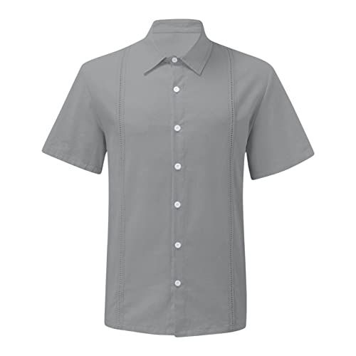Maiyifu-GJ Men's Short Sleeve Cotton Linen Shirts Lightweight Summer Button Down Shirt Plain Tropical Holiday Beach T Shirt (Grey,XX-Large)