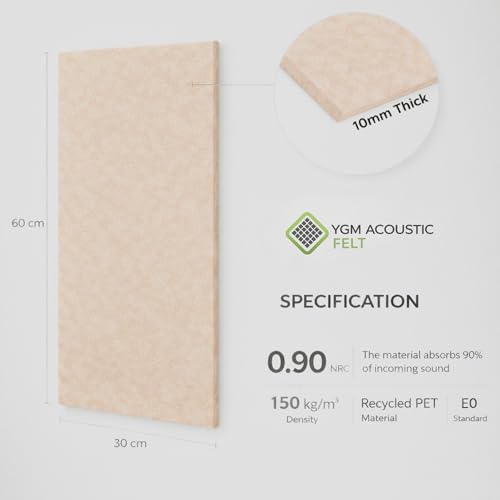 Image of YGM Acoustic Foams Luxury PET Felt Acoustic Self Adhesive Panels, 10 MM Thick, Sound Absorbing Panels for Wall | Room Noise Reducer & Sound Dampening (Beige, 1x2 Foot - 24 Panels)