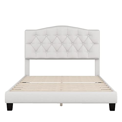 Anwick Full Upholstered Bed Frame, Upholstered Platform Bed Frame, Upholstered Button Tufted Platform Bed, Mattress Foundation, Easy Assembly, Strong Wood Slat Support (Beige, Full) #TOP3