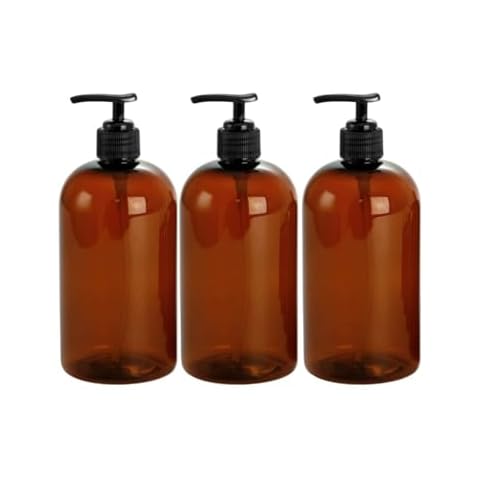 SanDaveVA Brand 16oz Plastic Bottle Amber PET Round Bottles Black Lotion Pumps 3/pk with Kraft Labels Cover