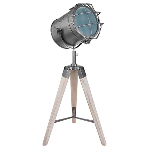 BRUBAKER - Lampadaire/Lampe sur pied - Design industriel - Hauteur 65 cm - Trépied en Bois - Spot en Métal/Gris mat