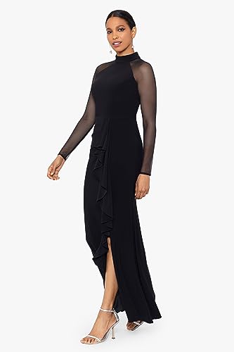 Betsy & Adam Women's Long Sheer Sleeve Mock Neck Stretch Scuba Crepe Sheath Gown3