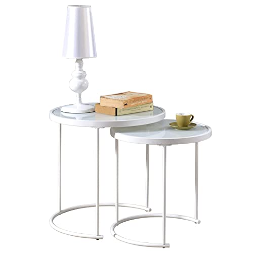 IDIMEX Lot de 2 Tables d'appoint LEYRE Tables Basses de Salon gigognes, Tables à café, Bouts de canapé Design Industriel, Plateau Rond en Verre trempé Blanc Cadre en métal Blanc