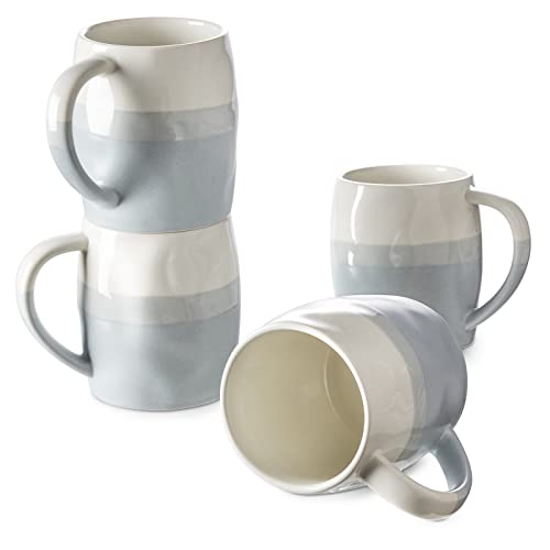 DOWAN Juego de 400 ml de Tazas de Café de Gres de 4 Piezas - Tazas Modernas con Asa Grande de Cerámica Estilo Marino para Leche, Té y Cacao - Azul y Beige
